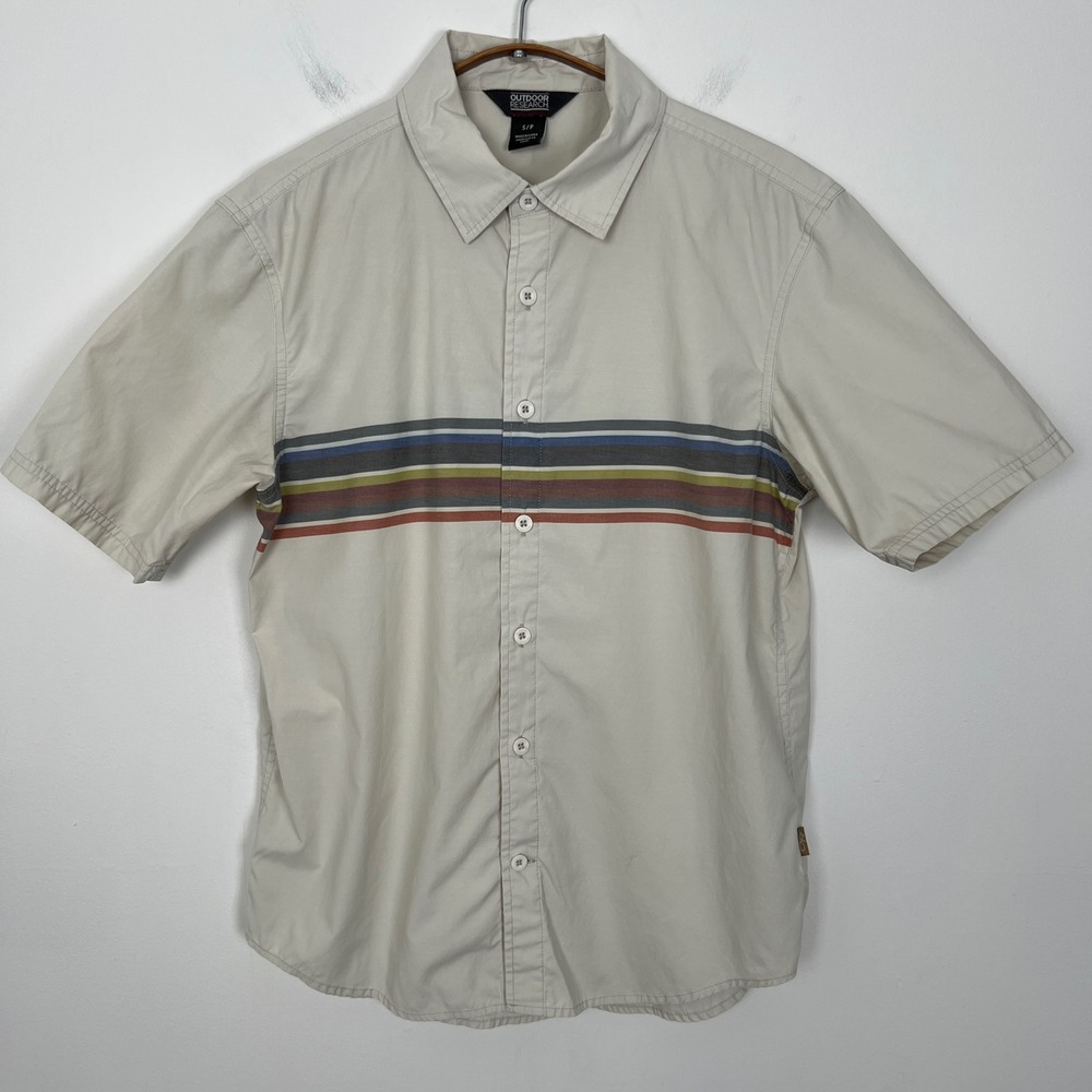 Outdoor Research Mens S Short Sleeve‎ Button Up Shirt Tan Stripe Casual